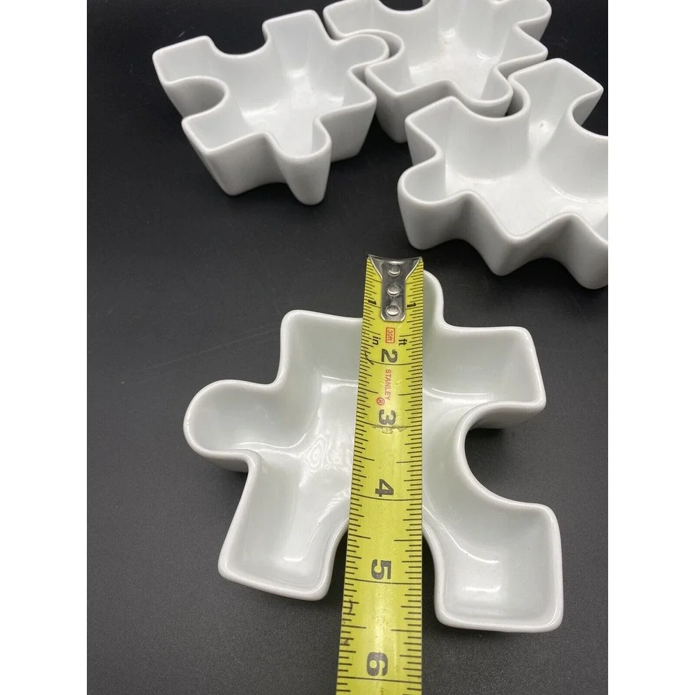 4 JIGSAW PUZZLE‎ PIECES CONDIMENT BOWLS DIPPING SAUCE WHITE Made In France